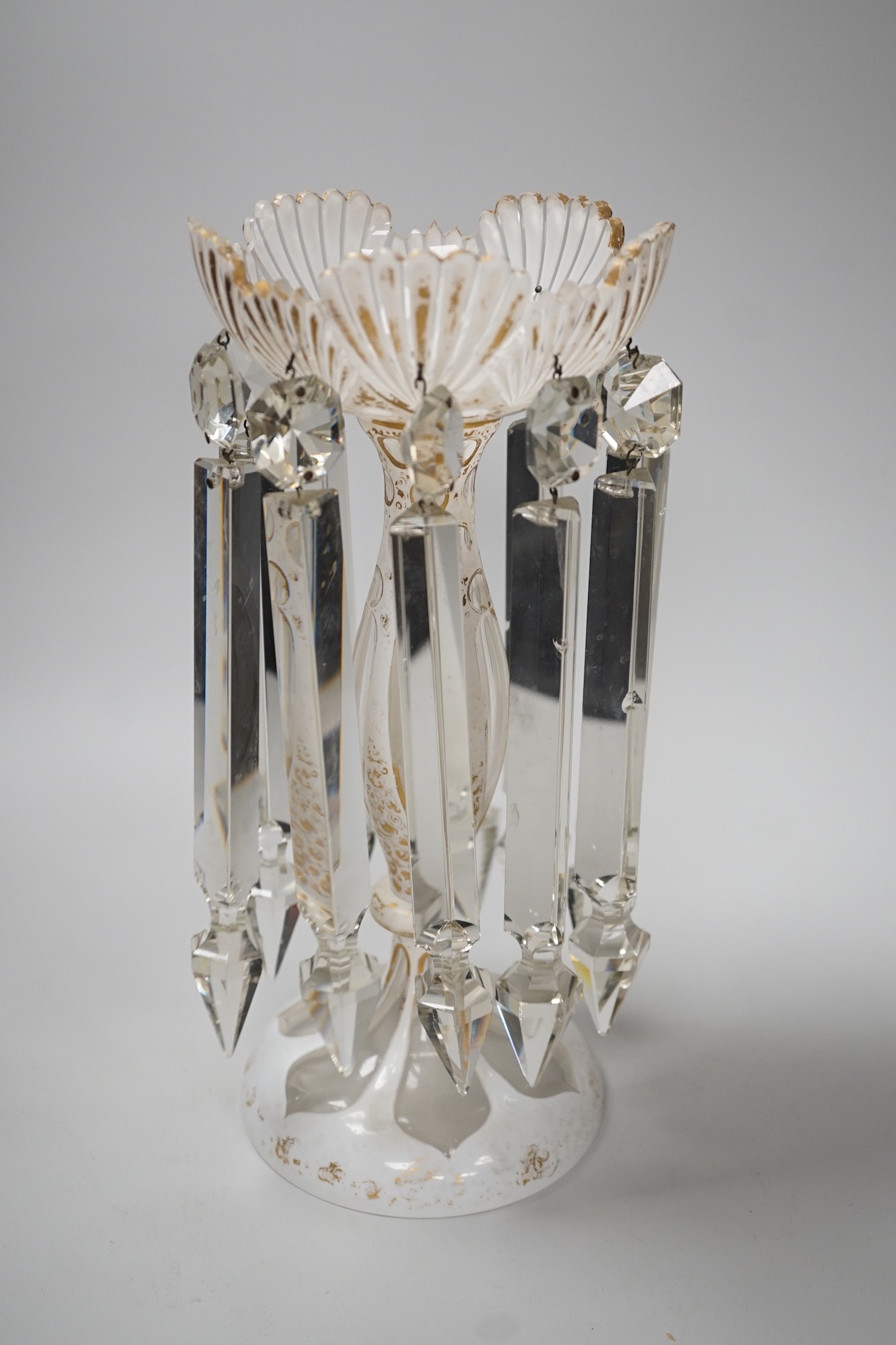 A Bohemian white and clear overlaid glass table lustre, 31cm